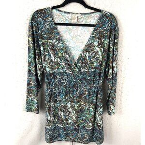 Susan Lawrence Top Womens 1X Plus Size Colorful Blue Abstract Y2K Babydoll